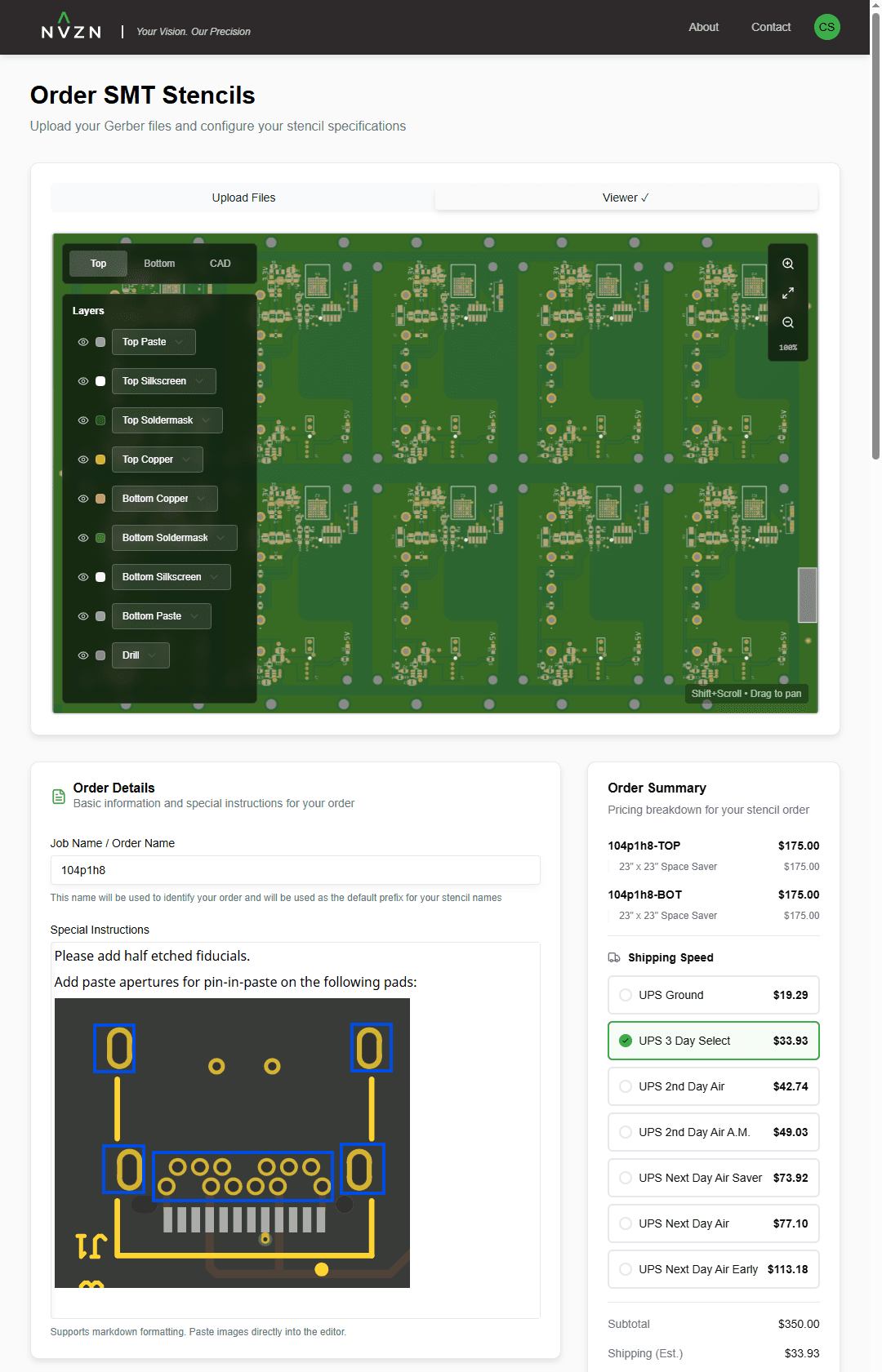 Order configuration page with Gerber viewer, order details, and order summary