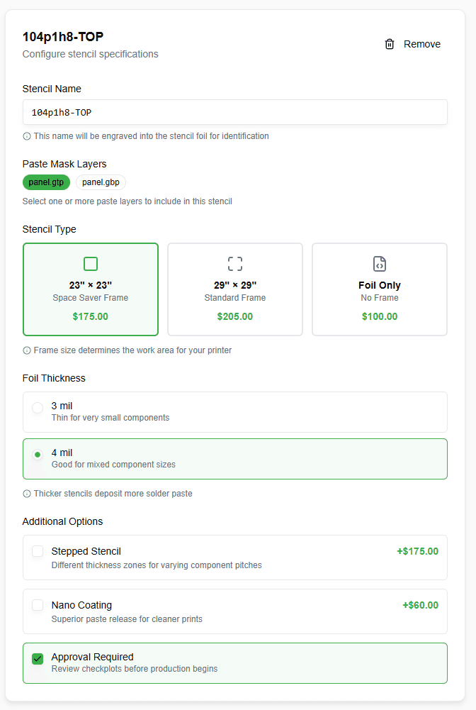 Stencil configuration panel showing name, paste layers, frame type, foil thickness, and additional options